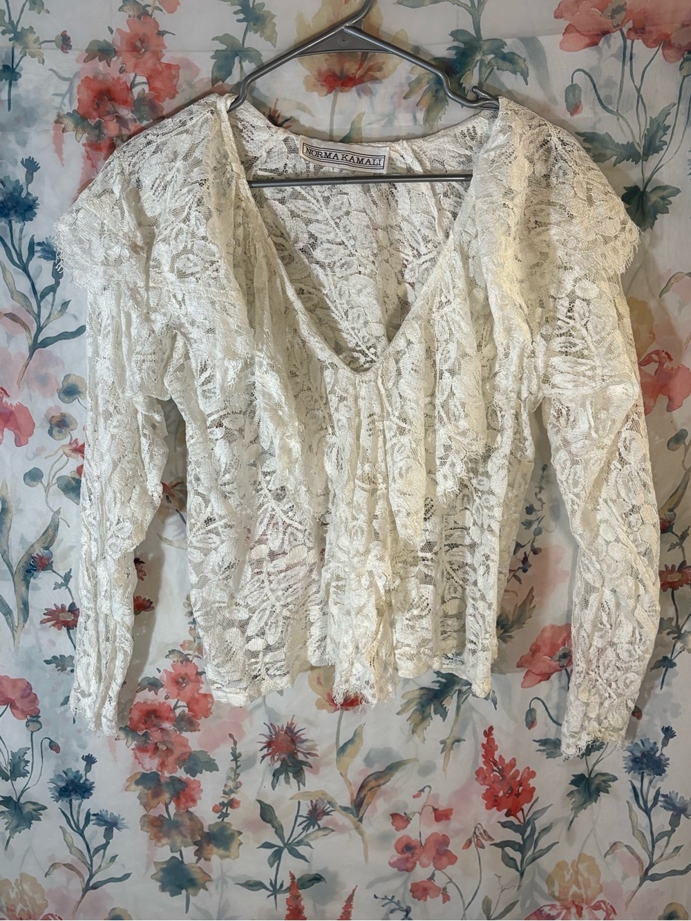 Vintage Norma Kamali Ivory Lace V-Neck Long Sleeve Top